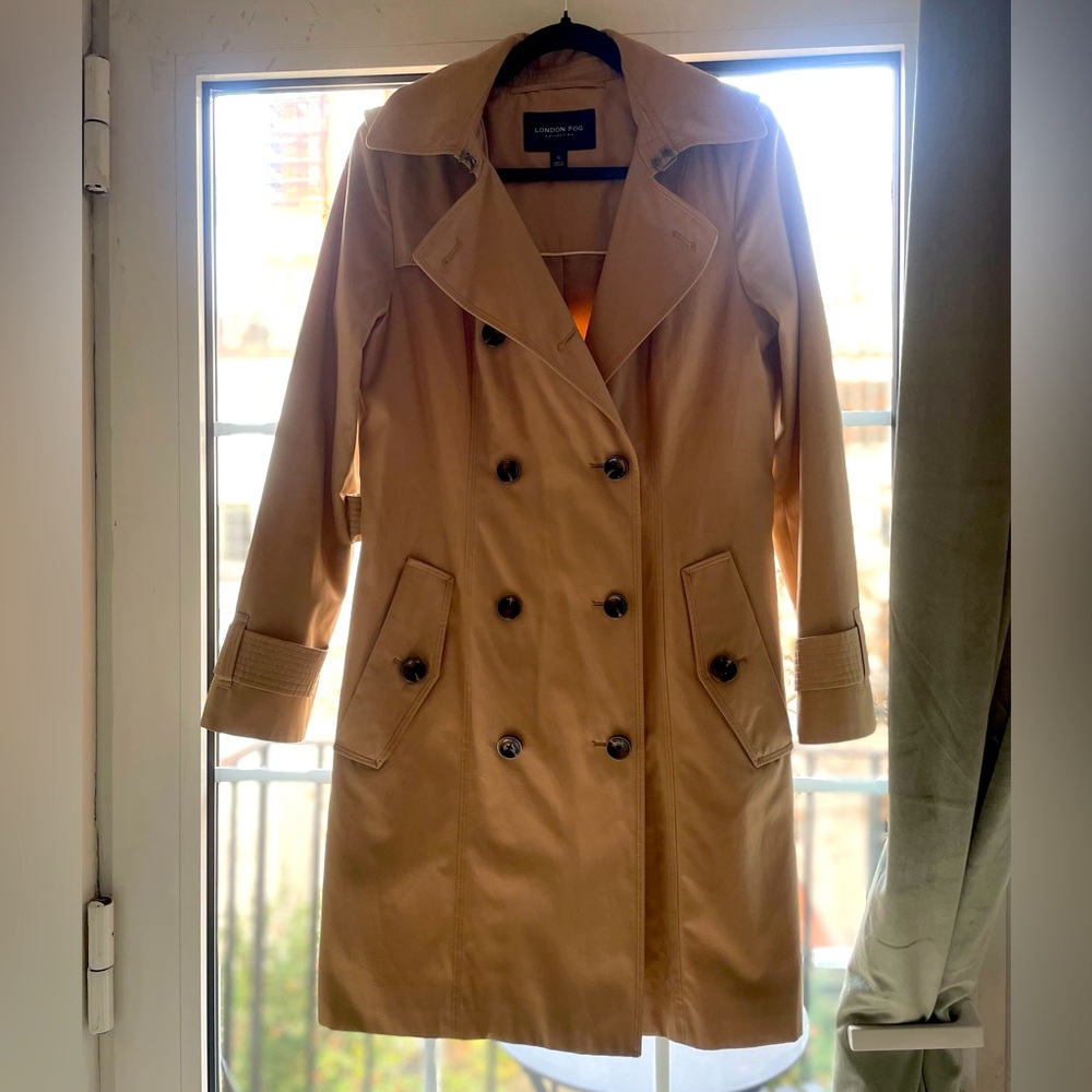 London Fog Women's Double-Breasted Hooded Trench Coat British Khaki Knee Small